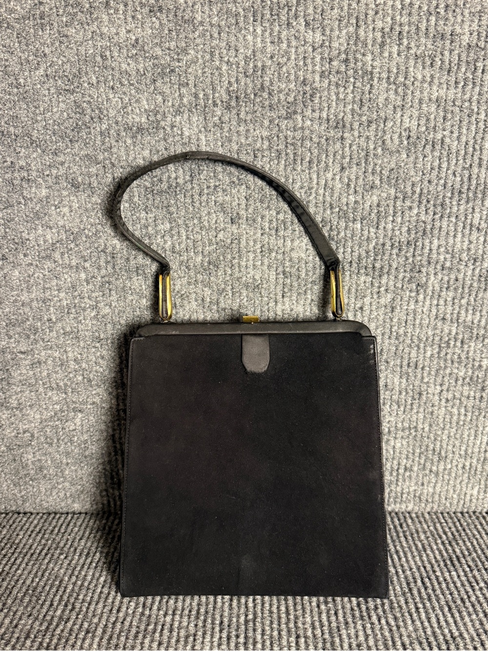 Vintage Black Suede Trapezoid Handbag | Gold Hardware Mid-Century